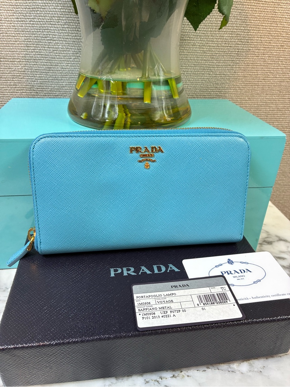 Prada Voyage Blue Saffiano Leather Zip Around Wallet - Pristine Condition